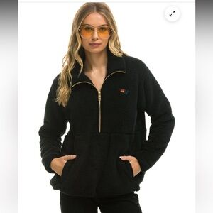 176-$279 EUC Aviator Nation TEDDY UNISEX HALF ZIP JACKET BLACK Sherpa size M